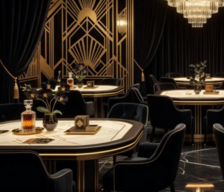 Dekoracje eventowe w stylu Art Deco tworzące luksusowy klimat kasyna
