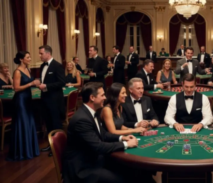 Goście bawiący się przy stołach kasynowych podczas eleganckiego eventu firmowego