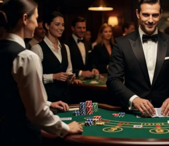 Profesjonalny krupier prowadzący grę przy stole podczas eventu firmowego