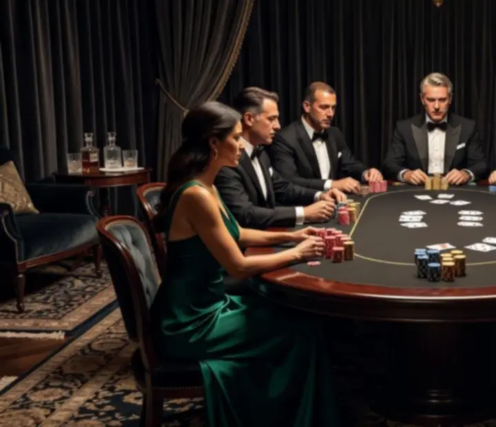 Ekskluzyjna sala przygotowana na wieczór pokerowy z eleganckimi stołami i żetonami symbolicznymi